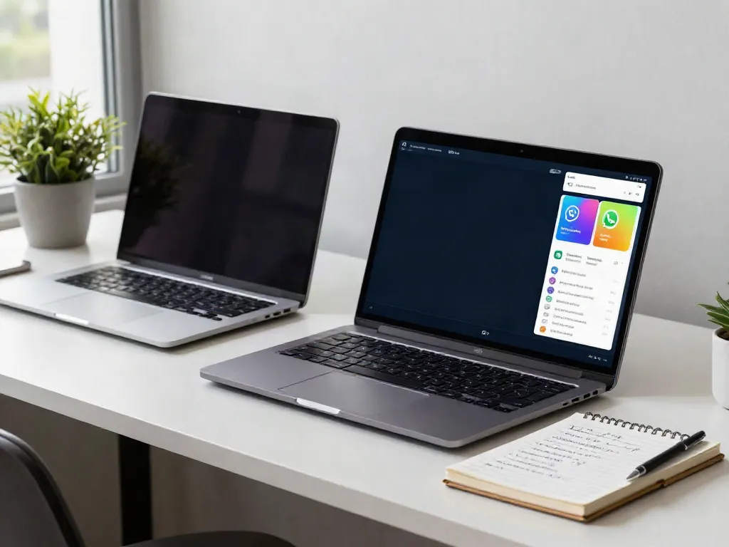 GBApps.net workspace featuring smartphone displaying GB WhatsApp interface and laptop setup for app customization.