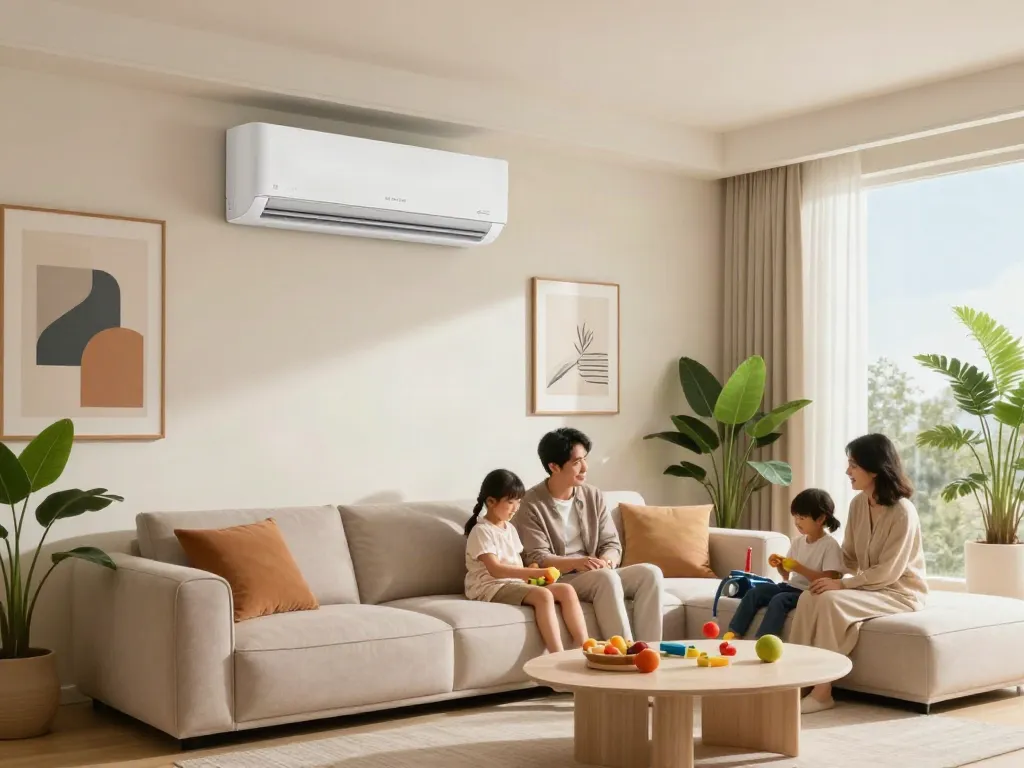 Ductless AC unit in a stylish living room with a family enjoying quality time.