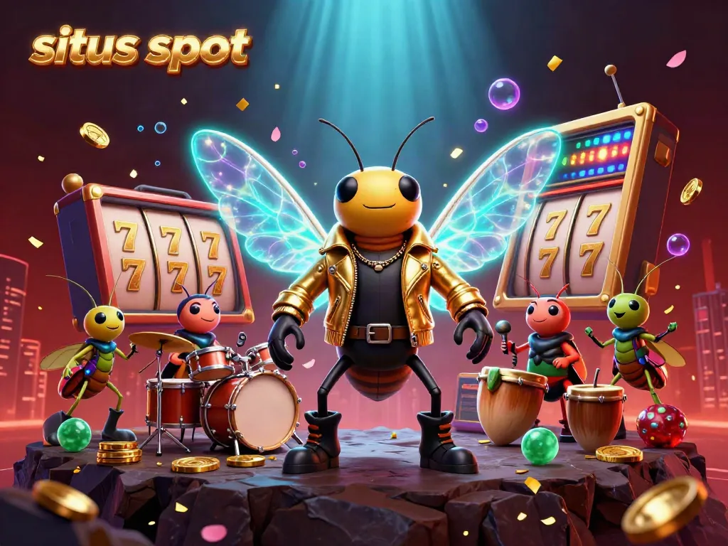 Experience the excitement of situs slot with a vibrant 3D scene featuring a rock star cicada, drum-playing beetle, and lively game elements.