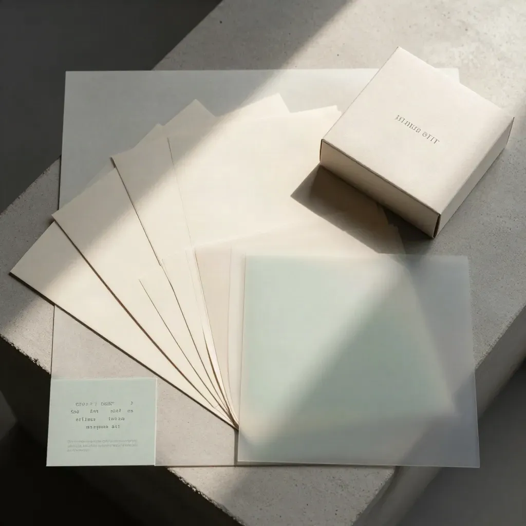 Overhead flatlay of a startup brand kit with inserts, chips, box and vellum on pale concrete.
