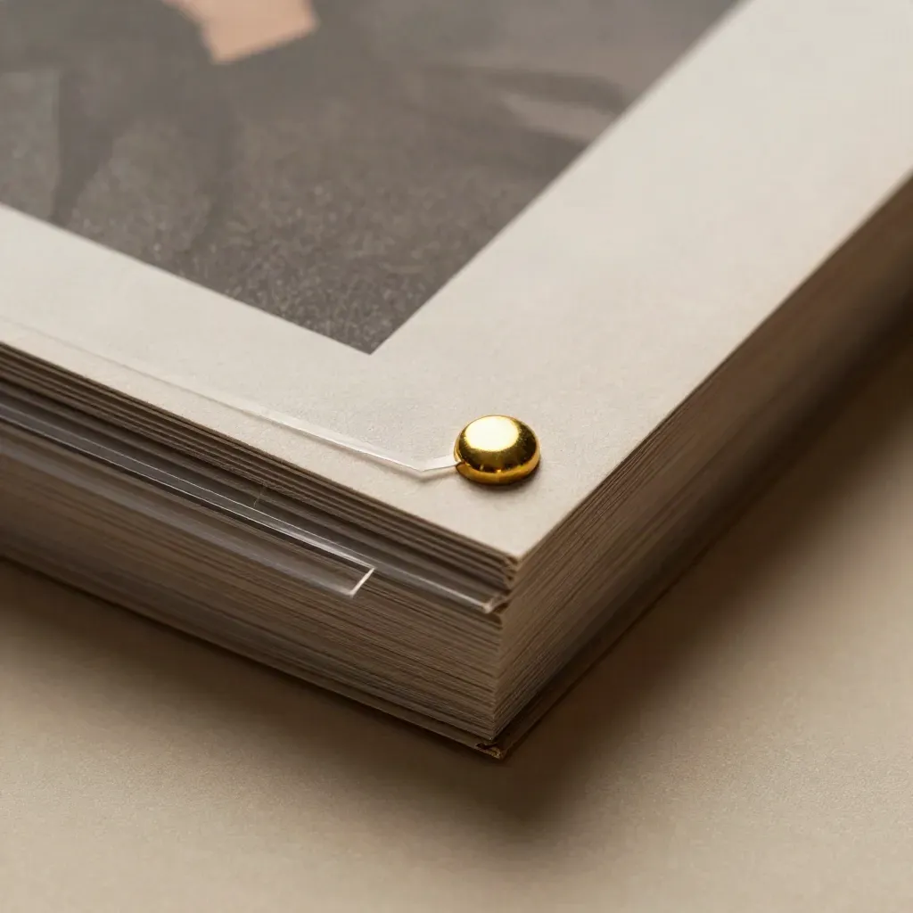 Macro of a brushed paperboard logo sleeve with acetate overlays and a brass corner clip in soft light.