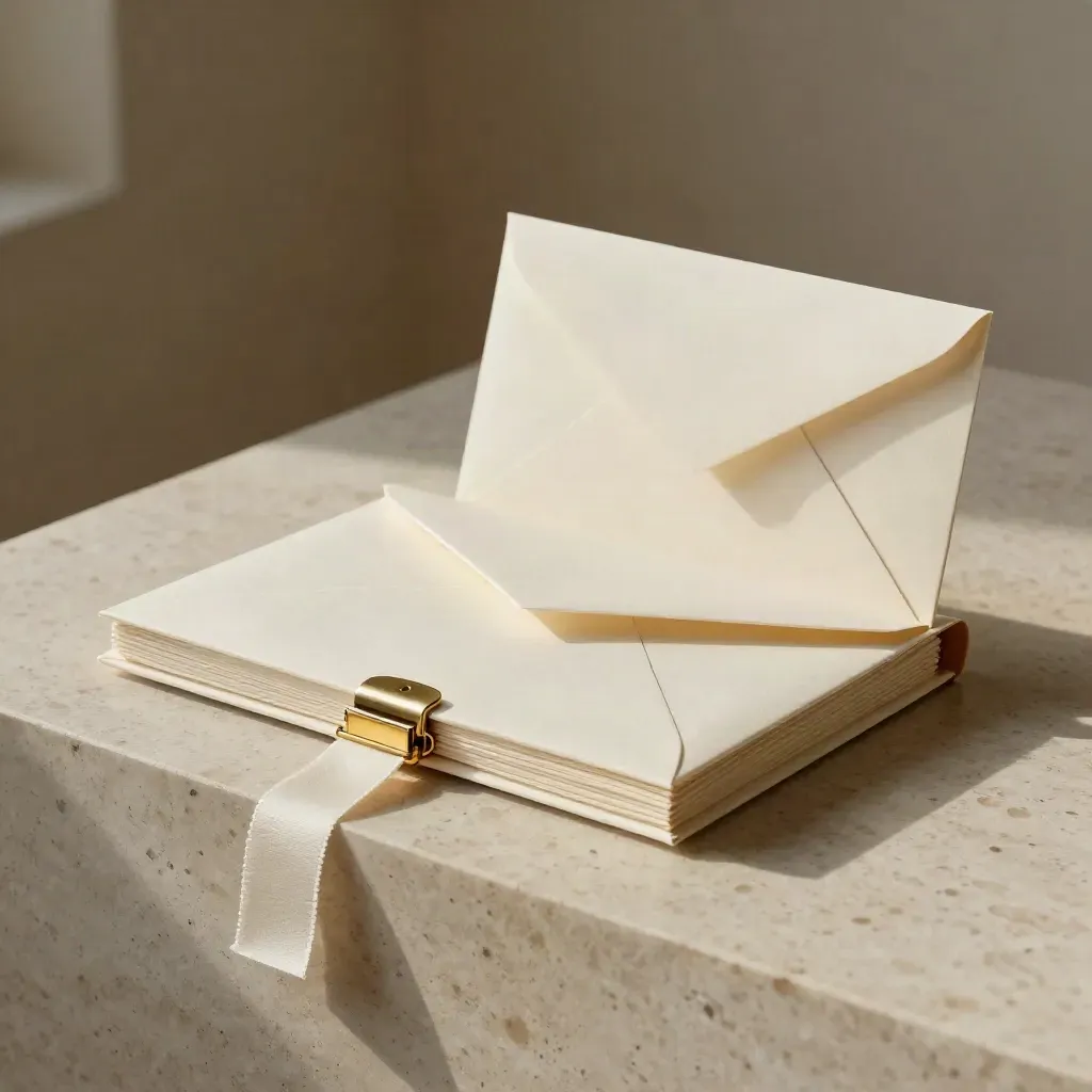 Cream bundle folio with gold clasp on travertine ledge in soft light