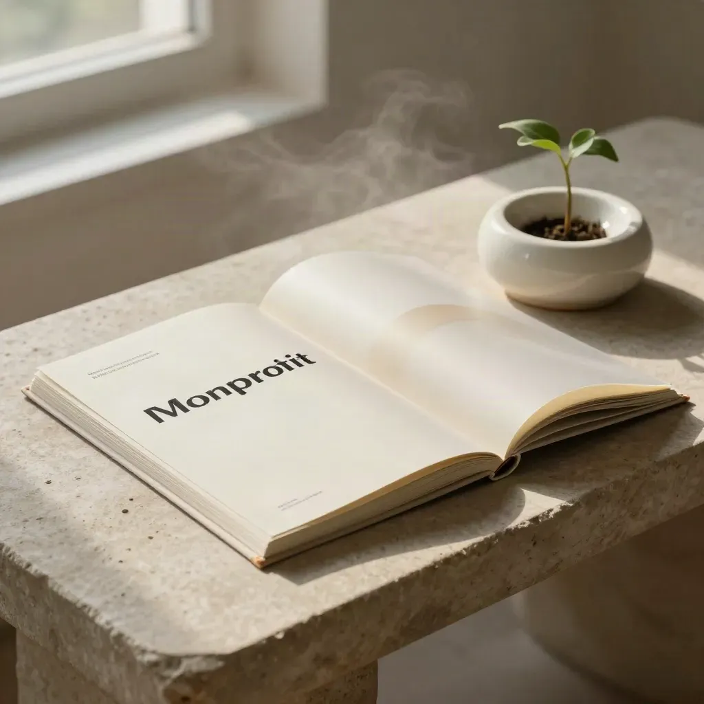 Nonprofit brand audit folio with divider sleeve, paperweight, and plant cutting on a stone bench.