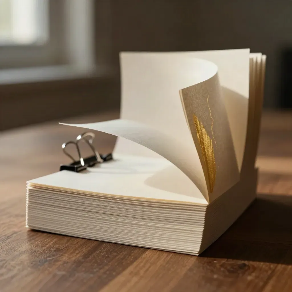 Macro spiral of blank content cards with matte binder ring and gold accent on walnut surface.