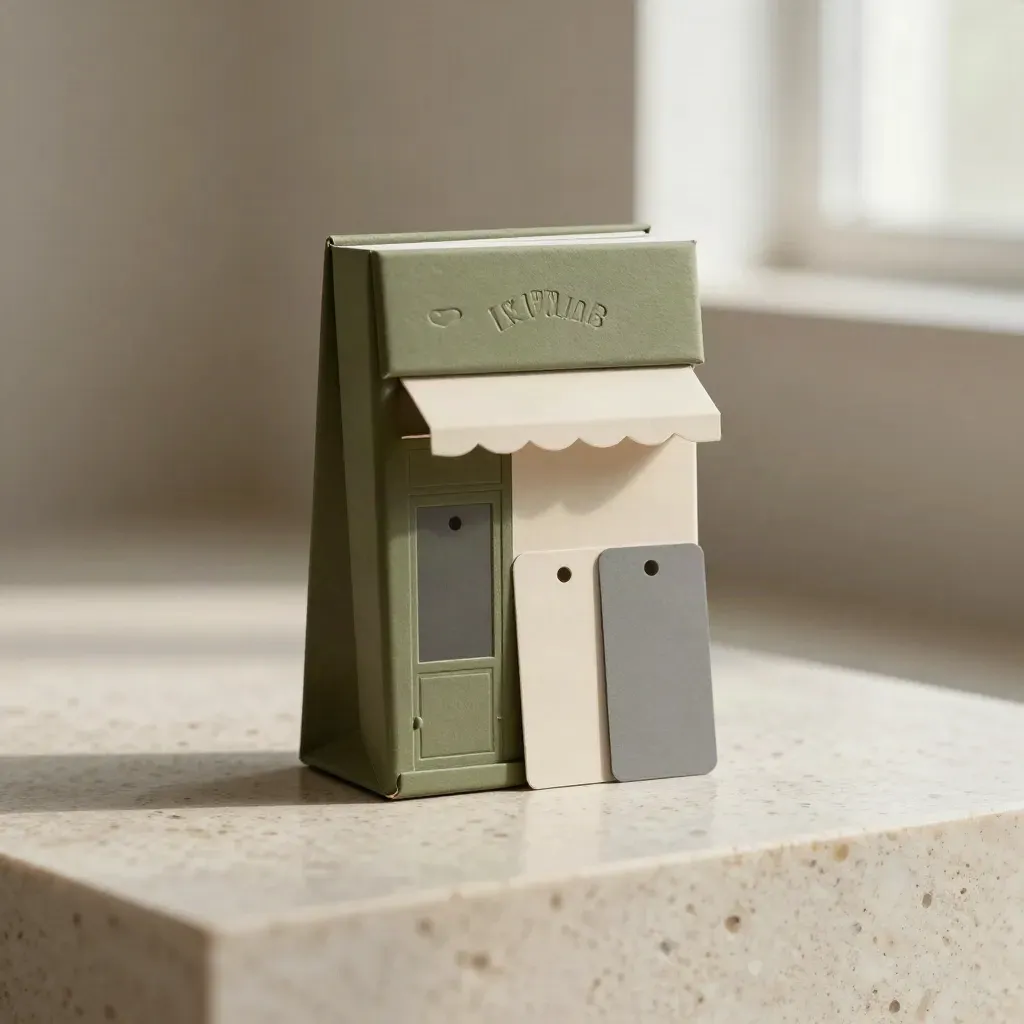 Upright identity deck with olive tag shapes, stamp block, and folded packaging on travertine.