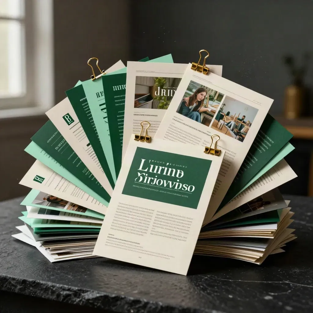 Forest-green launch boards, cream proofs, mint tabs and gold clips on matte black.