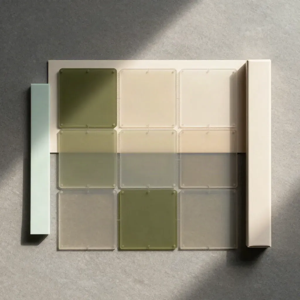 Overhead flatlay of a logo cleanup kit with acetate layers, chips and a narrow box on stone.