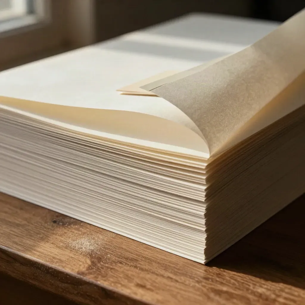 Macro of fanned blank page proofs and cream linen wrap on warm walnut