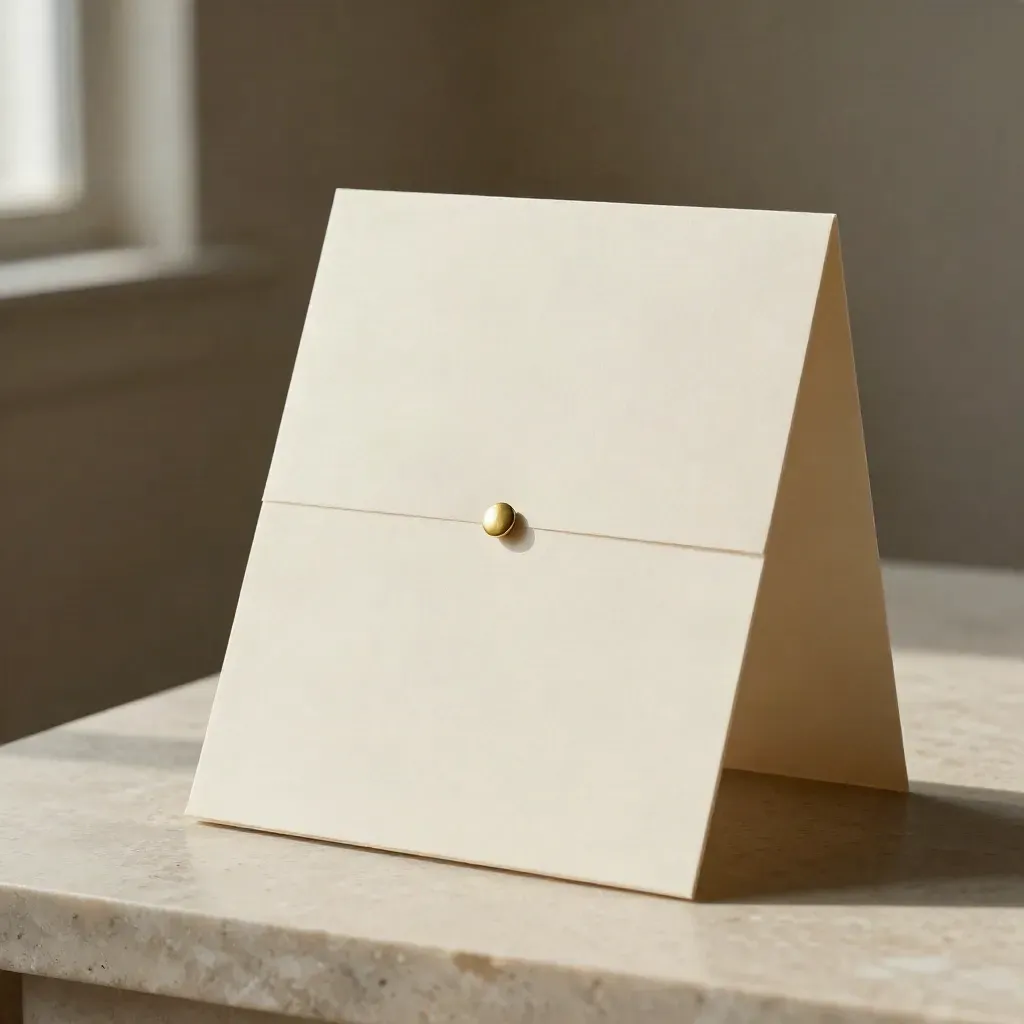 Half-open cream brand strategy folder with brass pin and folded inserts on travertine.