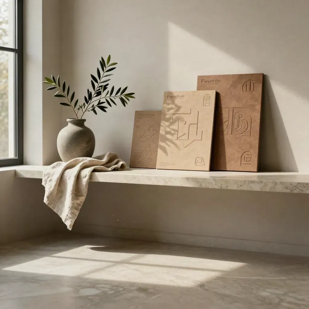 Sunlit travertine ledge with olive branch, linen drape, and calm copy space.