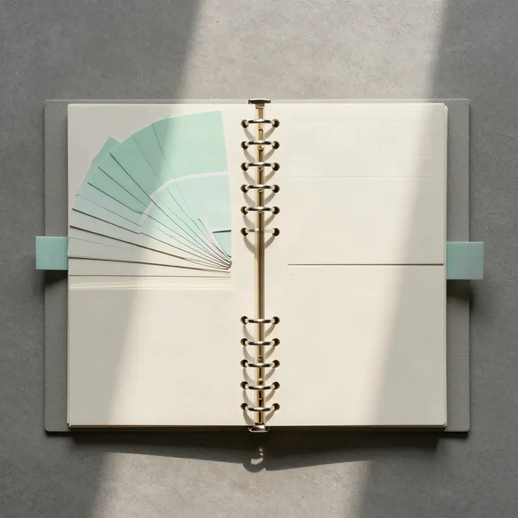 Overhead flat lay of blank content plan cards, ring binder and mint swatches on concrete.