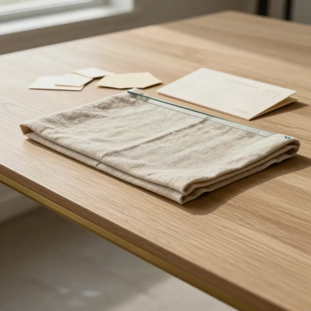 Pale oak tabletop with linen, brass edge, and soft paper samples under midday light.