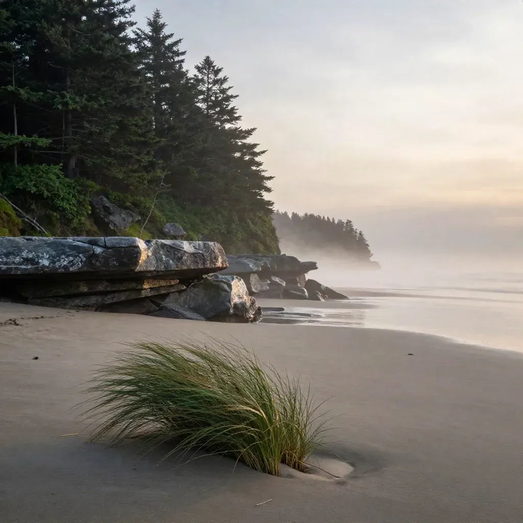 Dusk cedar shoreline with stone shelf, grasses, and calm misty water for copy