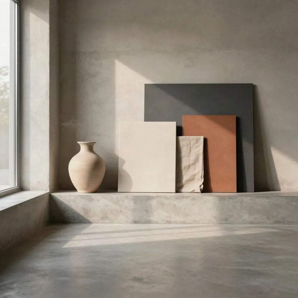 Concrete alcove with sunlit slats, ceramic vase, and calm copy space in a studio interior.