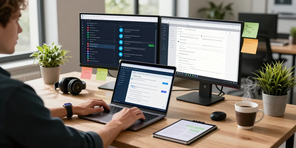 Engaged user interacting with Telegram Web Version in a modern workspace, showcasing tech gadgets and collaborative layout.