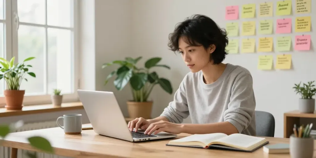 Focused individual in a home office planning personal development, embodying a positive attitude journey with rokok88.