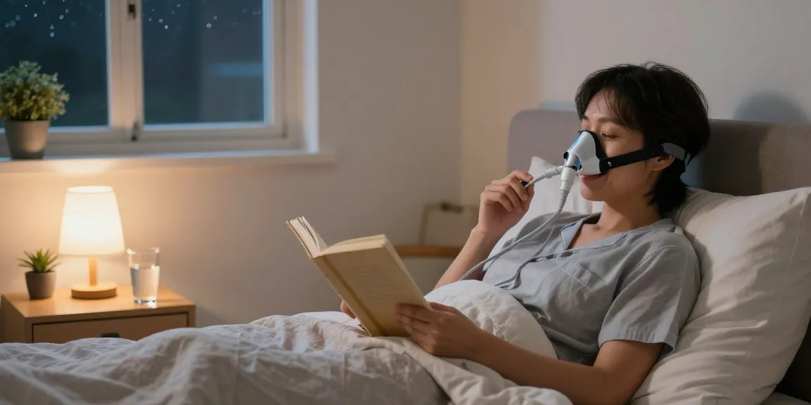 CPAP companies providing comfort as a person peacefully uses a CPAP machine in a cozy bedroom.